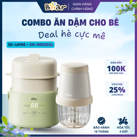 Combo Bé Ăn Dặm Bear SC-4H10E + CH-5H02D24: Nồi Hầm Cách Thủy & Máy Xay Nhuyễn Thịt Cá