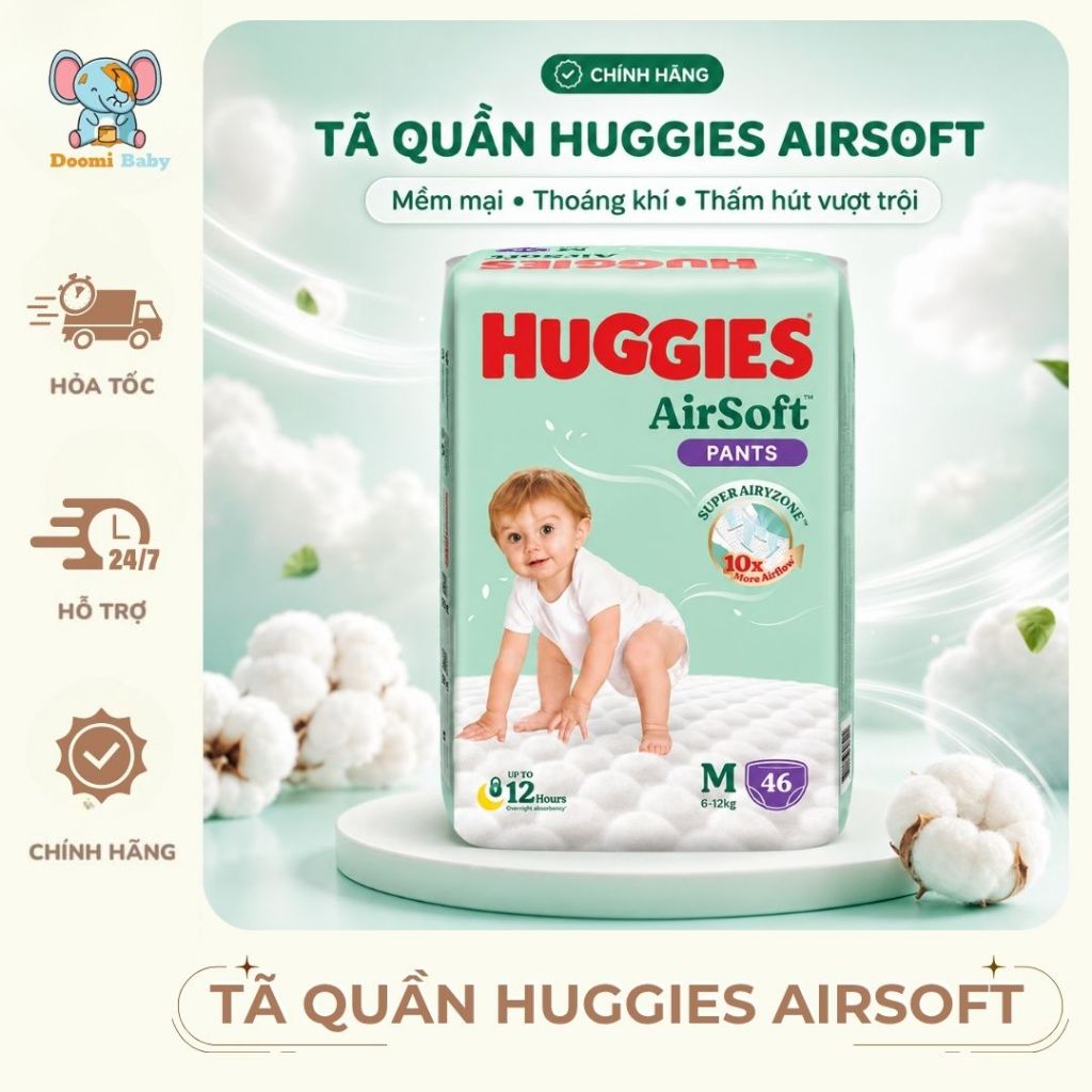 [Chính Hãng] Tã Quần Huggies Airsoft Mềm Mại, Thoáng Khí Thấm Hút Vượt Trội Đủ Size Cho Bé - HN006