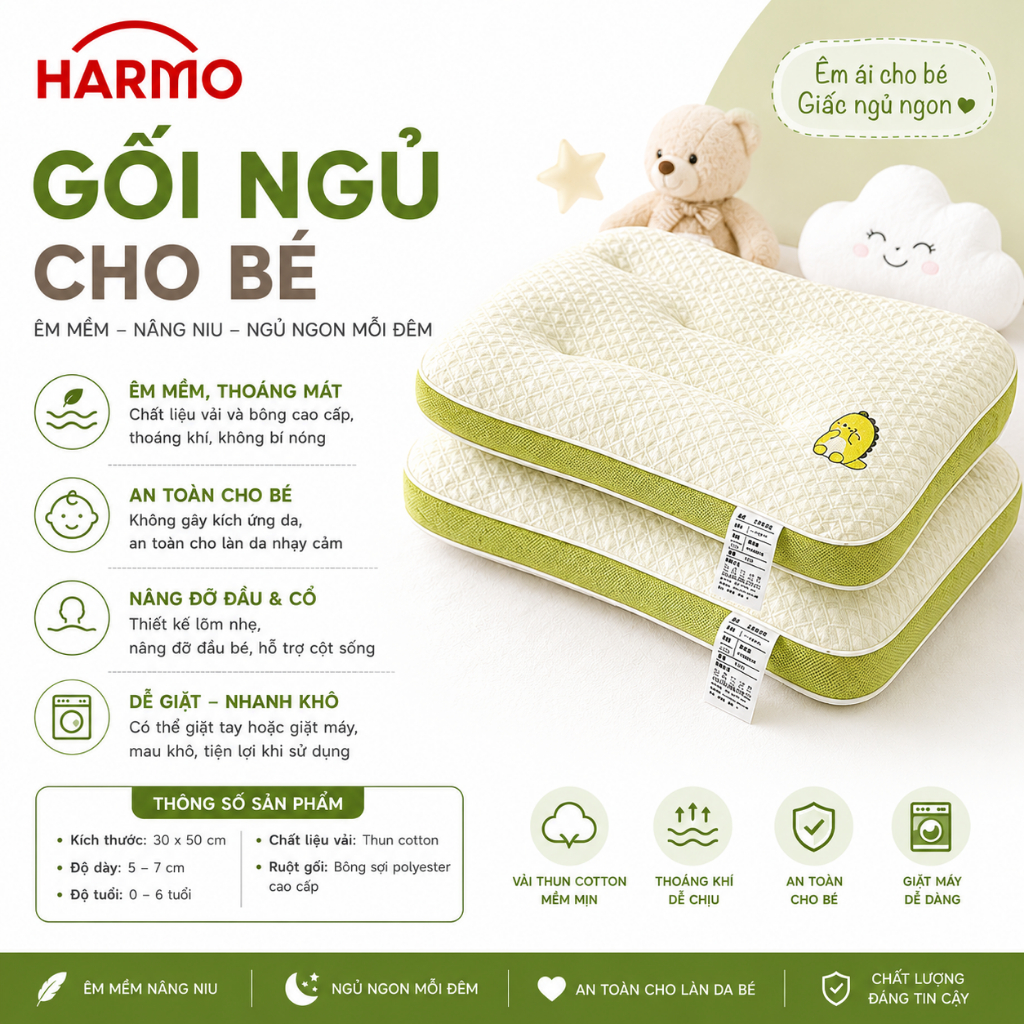 Gối ngủ cho bé từ 3-12 tuổi nâng đỡ cổ vai gáy và chống gù,chất liệu vải cotton an toàn và thân thiện với làn da harmoni