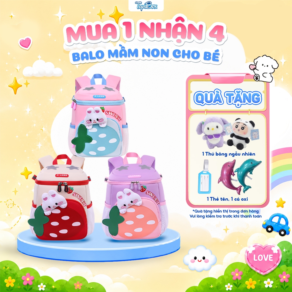Balo Mầm Non Hình Thỏ Dâu Tây Dễ Thương, Cặp Đi Học Mẫu Giáo Siêu Nhẹ 6202