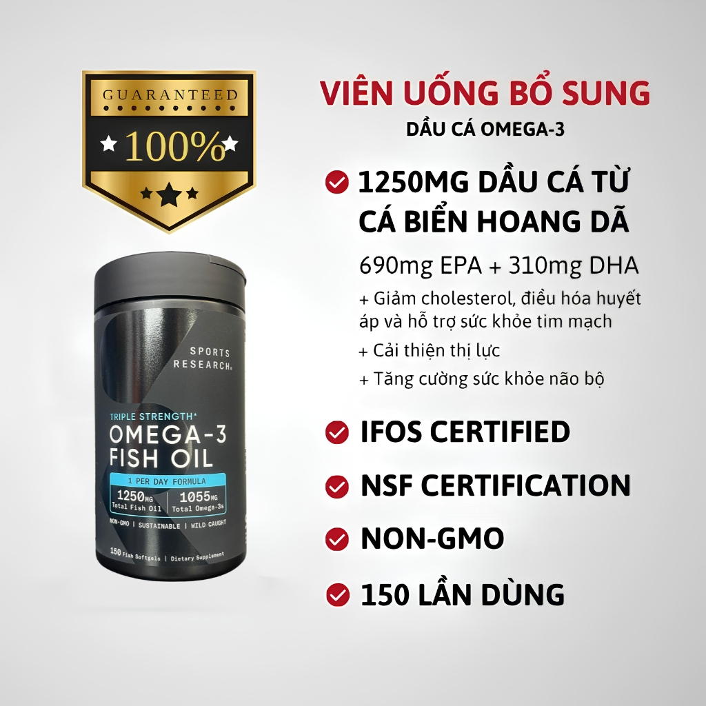 Dầu Cá Sports Research Triple Strength Omega-3 Fish Oil 150 Viên Chính Hãng