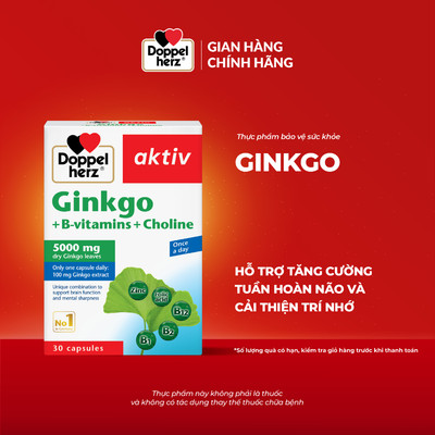 Viên uống bổ não Doppelherz Ginkgo hỗ trợ tăng cường tuần hoàn não và cải thiện trí nhớ (Hộp 30 viên)