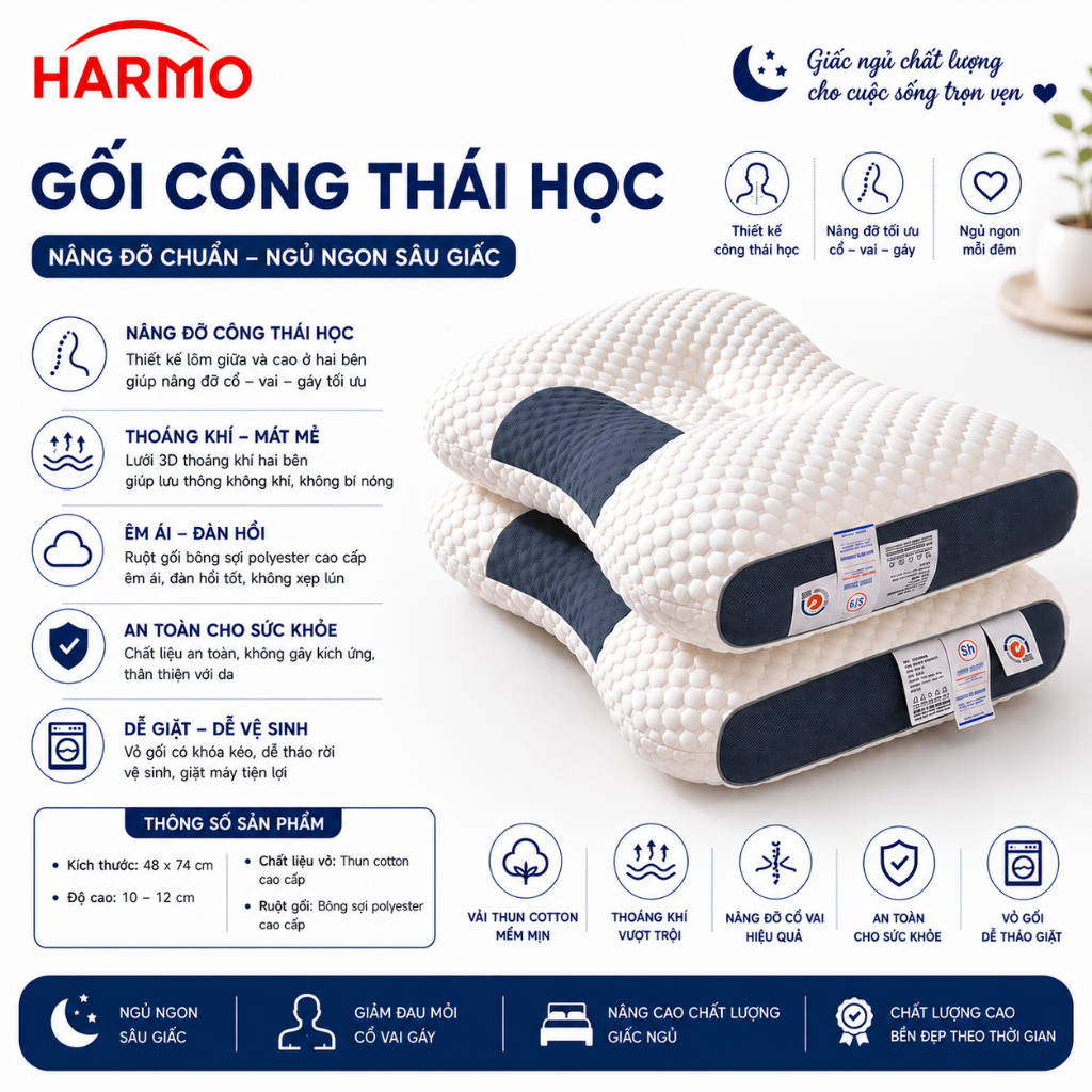 Gối Công Thái Học Chống Đau Mỏi Vai Ngáy, Giúp Ngủ Ngon Nằm Cực Êm Nội Địa Hàn, Gối To Phồng_harmoni