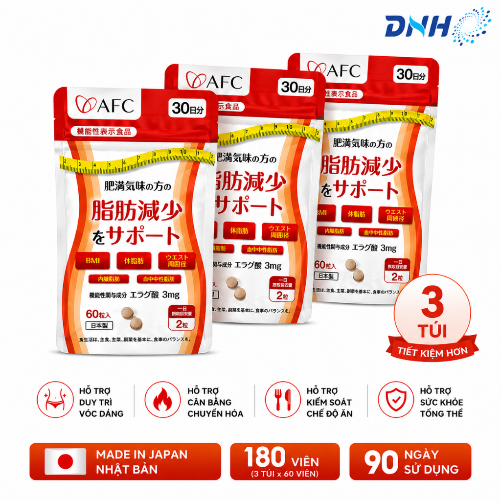 Combo 3 túi Ellagic Acid AFC Nhật Bản – Hỗ Trợ Kiểm Soát Cân Nặng & Giảm Mỡ Lành Mạnh (Túi 60 viên)