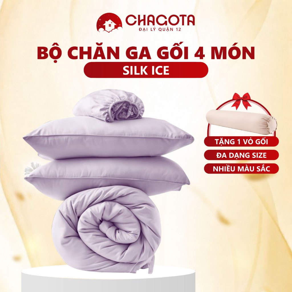 Bộ Chăn Ga Gối 4 Món Lụa Silk Ice CHAGOTA, Vải Mềm Mát Lạnh, Thông Thoáng Mọi Mùa 1mx2m Đến 2mx2m2