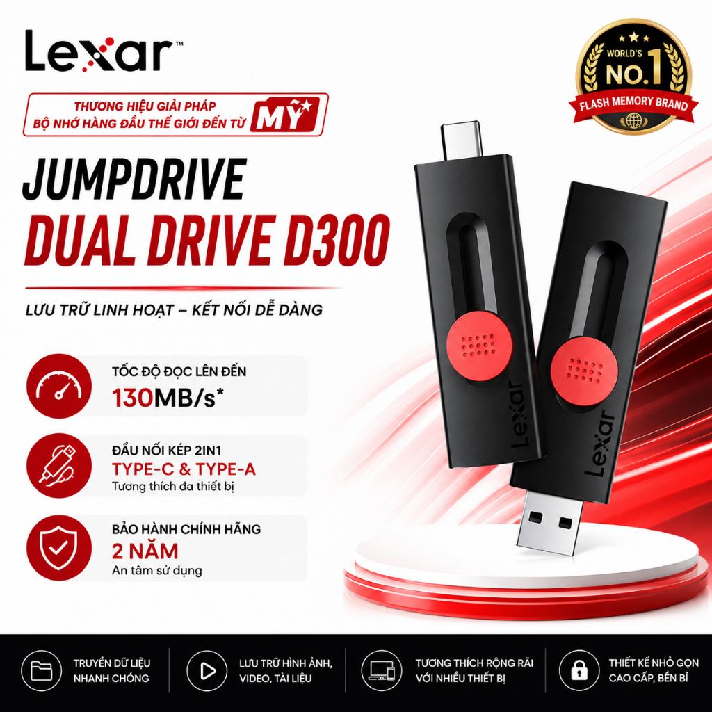 USB Lexar Jumpdriver Dual D300 32GB/ 64GB/ 128GB chính hãng | 130Mb/s, 2in1 Type-C & Type-A, BH 2 nă