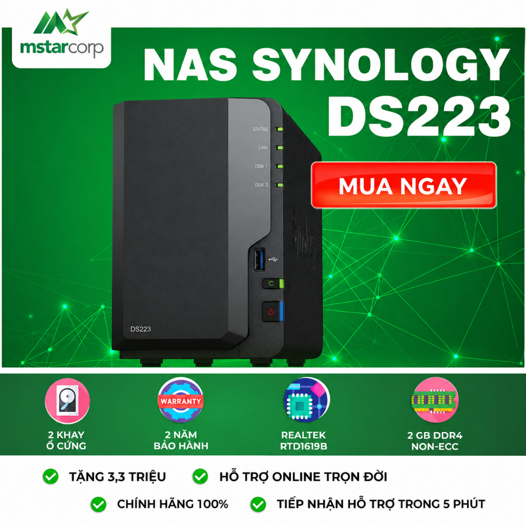NAS Synology ds223 - Thiết bị lưu trữ dữ liệu(2bay)