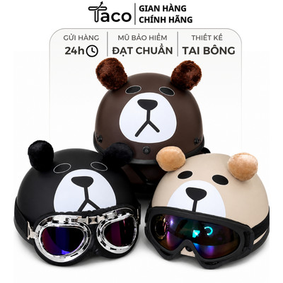 Mũ Bảo Hiểm Hình Gấu TACO Các Màu Tai Cute Kèm Kính Thời Trang Ngộ Nghĩnh Đáng Yêu