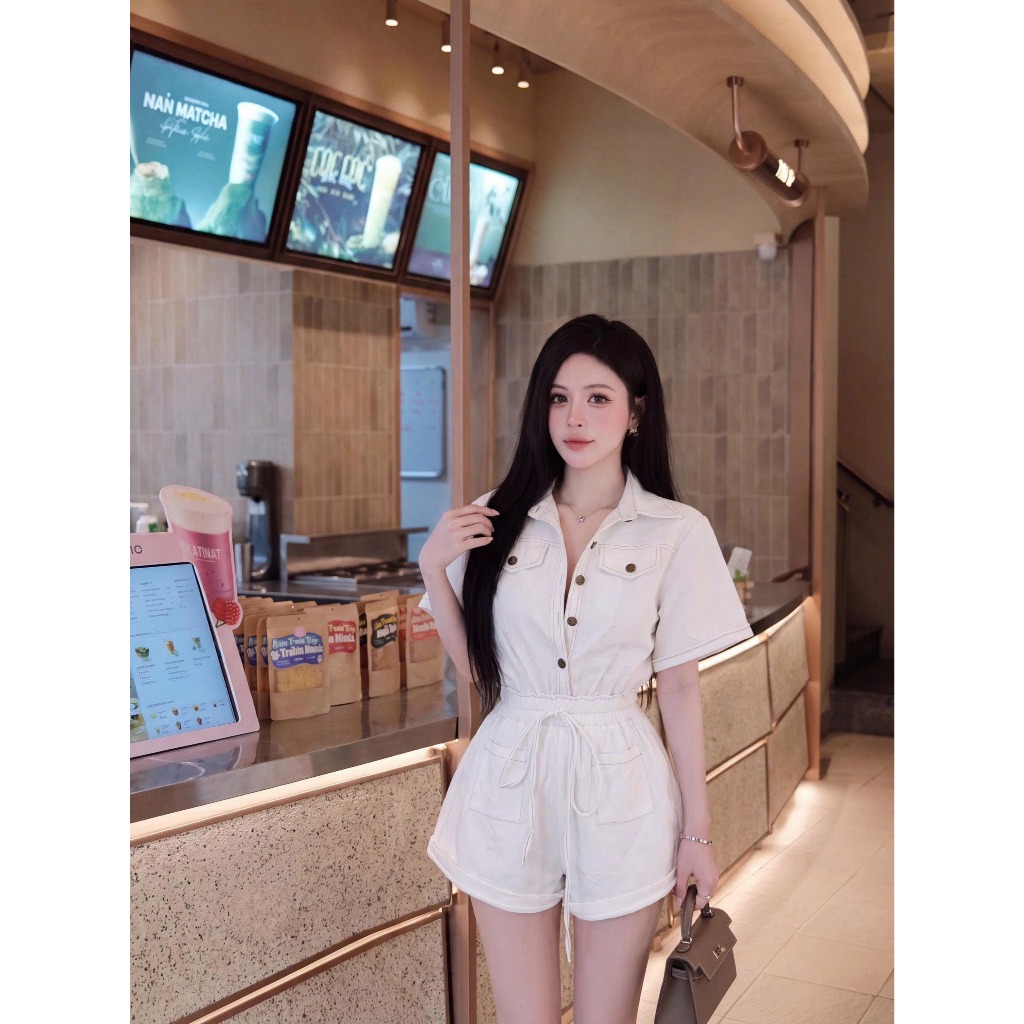 Set bộ jumpsuit nữ Yumi vải kaki dày dặn, Bộ đồ nữ tay lỡ cổ sơ mi viền chỉ nổi chun eo kèm nơ điệu đà thời trang HEBE | BigBuy360 - bigbuy360.vn