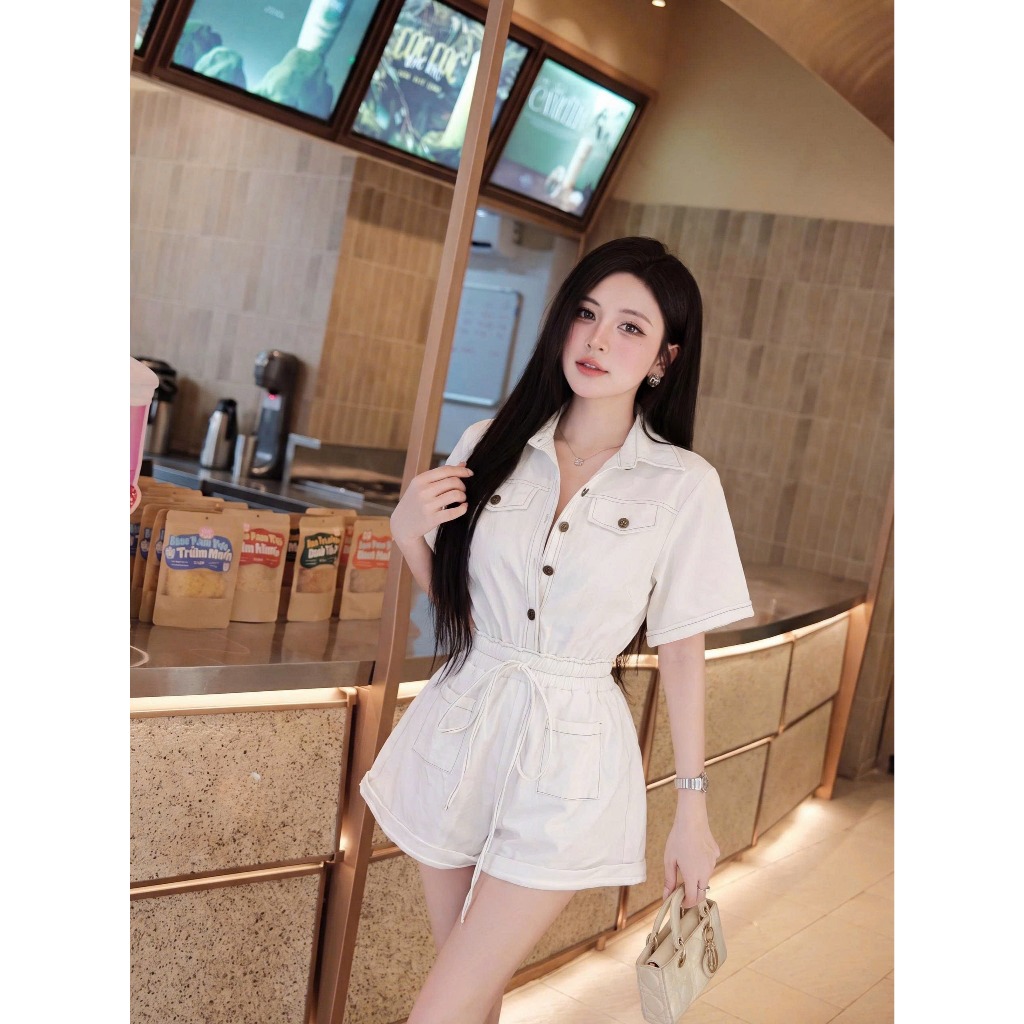 Set bộ jumpsuit nữ Yumi vải kaki dày dặn, Bộ đồ nữ tay lỡ cổ sơ mi viền chỉ nổi chun eo kèm nơ điệu đà thời trang HEBE | BigBuy360 - bigbuy360.vn
