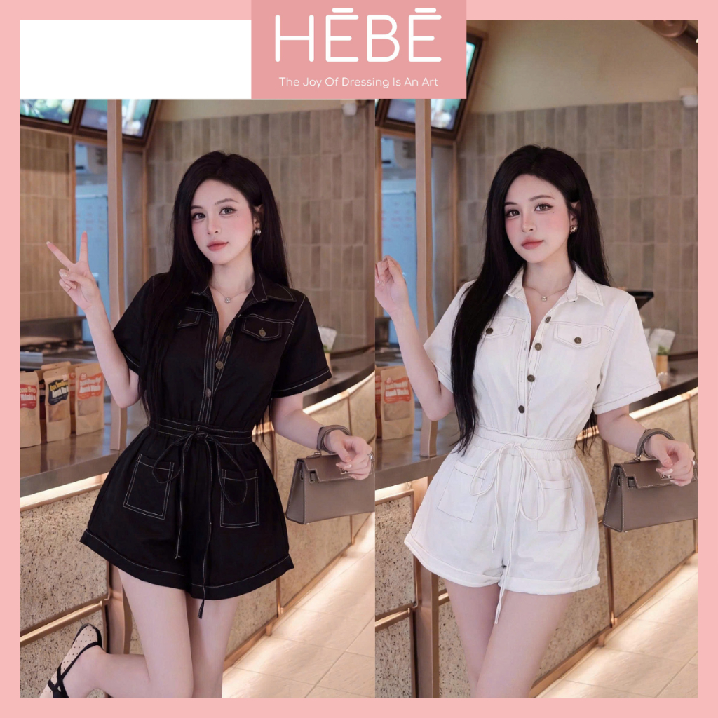 Set bộ jumpsuit nữ Yumi vải kaki dày dặn, Bộ đồ nữ tay lỡ cổ sơ mi viền chỉ nổi chun eo kèm nơ điệu đà thời trang HEBE | BigBuy360 - bigbuy360.vn
