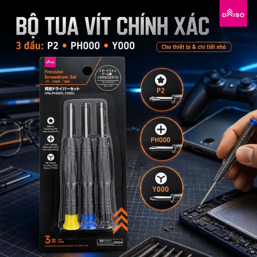 Bộ tua vít chính xác (P2, PH000, Y000) - Daiso Japan - Chính hãng