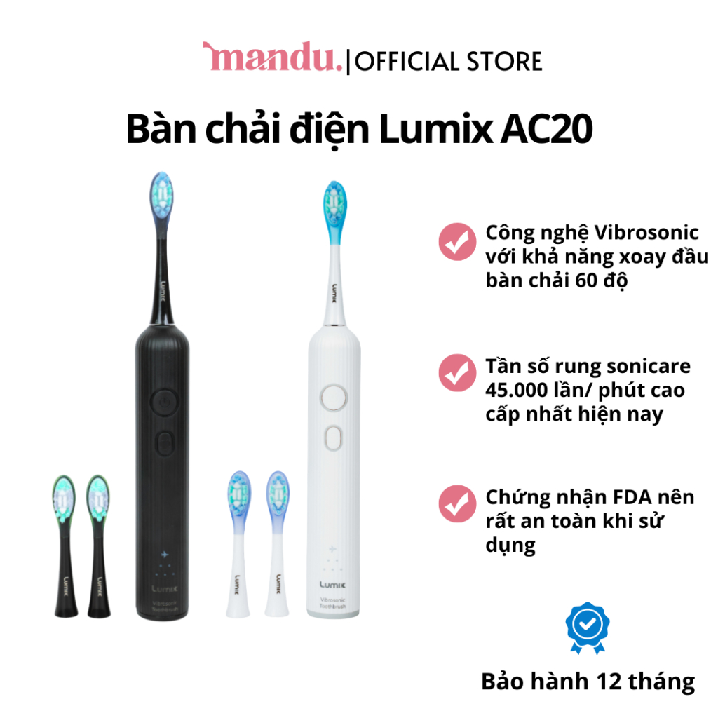Bàn Chải Điện Lumix AC20 đầu xoay 60 độ, lông mềm kháng khuẩn, 3 đầu bàn chải