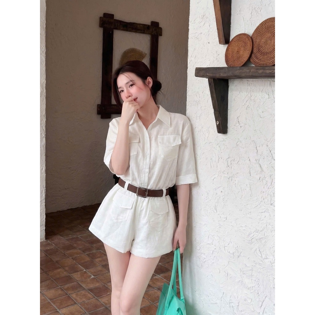 Set bộ jumpsuit nữ Lita chất liệu thoáng mát, Bộ đồ nữ tay lỡ cổ sơ mi kèm dây đai sang chảnh thời trang HEBE | BigBuy360 - bigbuy360.vn
