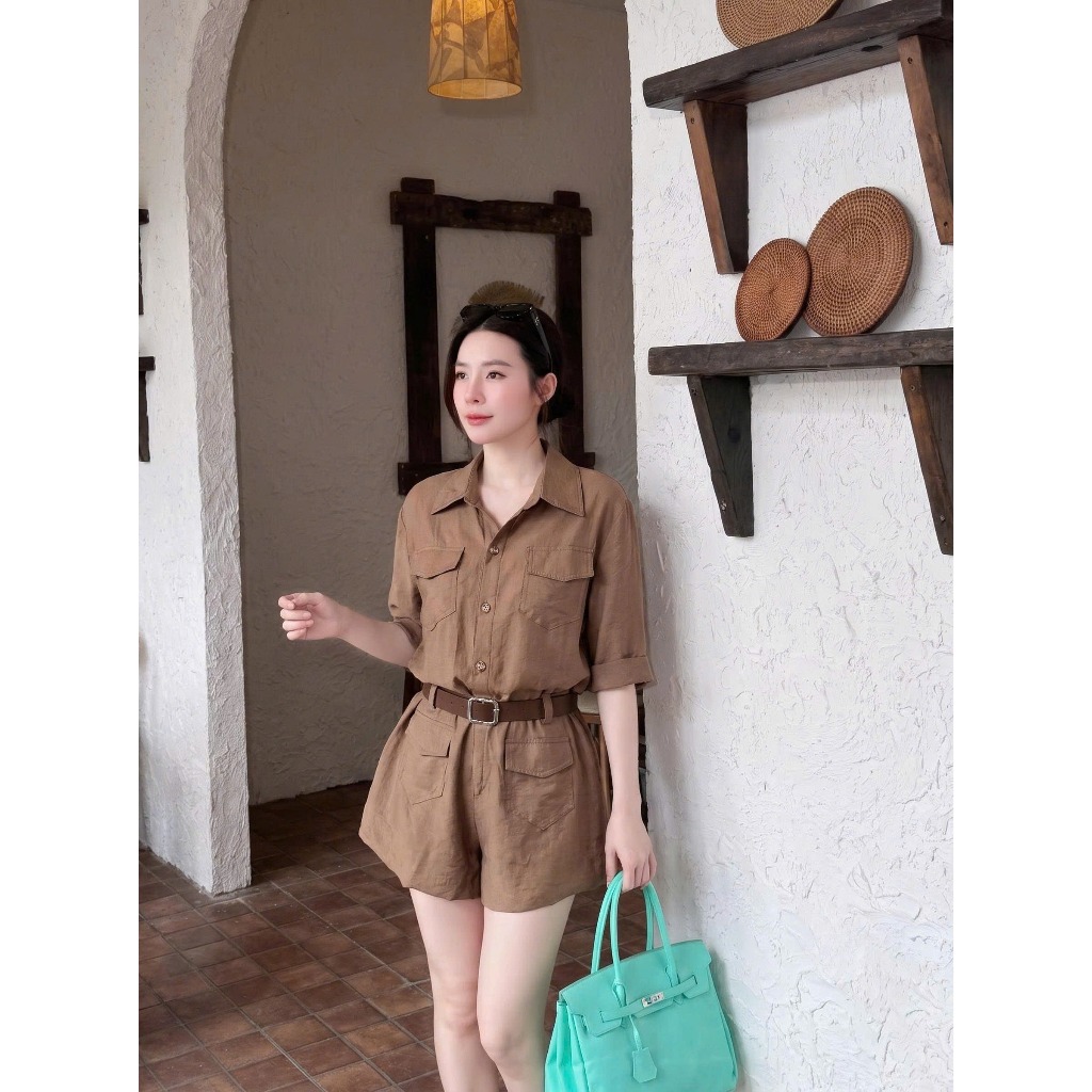 Set bộ jumpsuit nữ Lita chất liệu thoáng mát, Bộ đồ nữ tay lỡ cổ sơ mi kèm dây đai sang chảnh thời trang HEBE | BigBuy360 - bigbuy360.vn