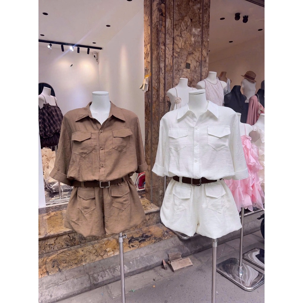 Set bộ jumpsuit nữ Lita chất liệu thoáng mát, Bộ đồ nữ tay lỡ cổ sơ mi kèm dây đai sang chảnh thời trang HEBE | BigBuy360 - bigbuy360.vn