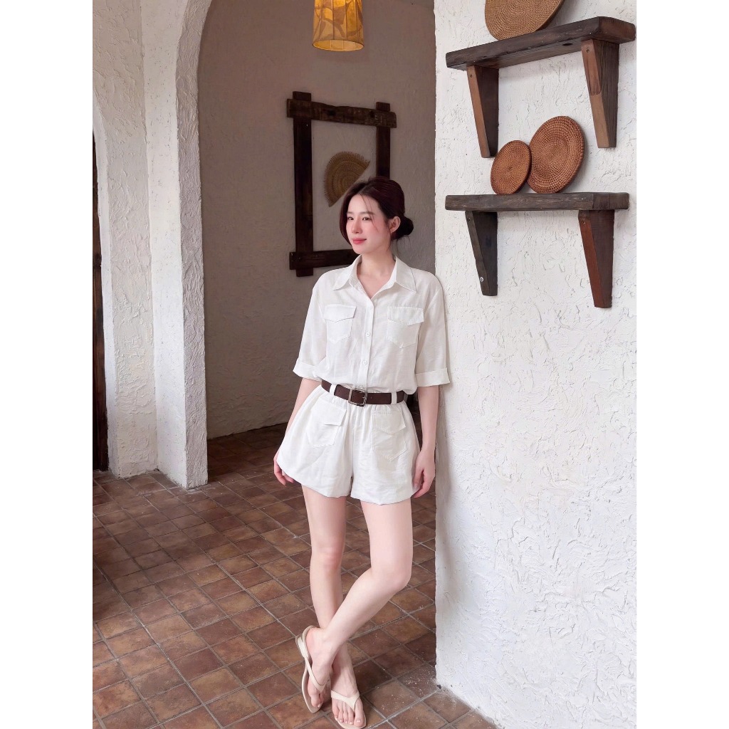 Set bộ jumpsuit nữ Lita chất liệu thoáng mát, Bộ đồ nữ tay lỡ cổ sơ mi kèm dây đai sang chảnh thời trang HEBE | BigBuy360 - bigbuy360.vn