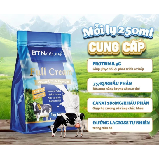 Sữa bột nguyên kem BTNATURE Full Cream 1kg – Bổ sung canxi, giàu đạm, dễ hấp thu