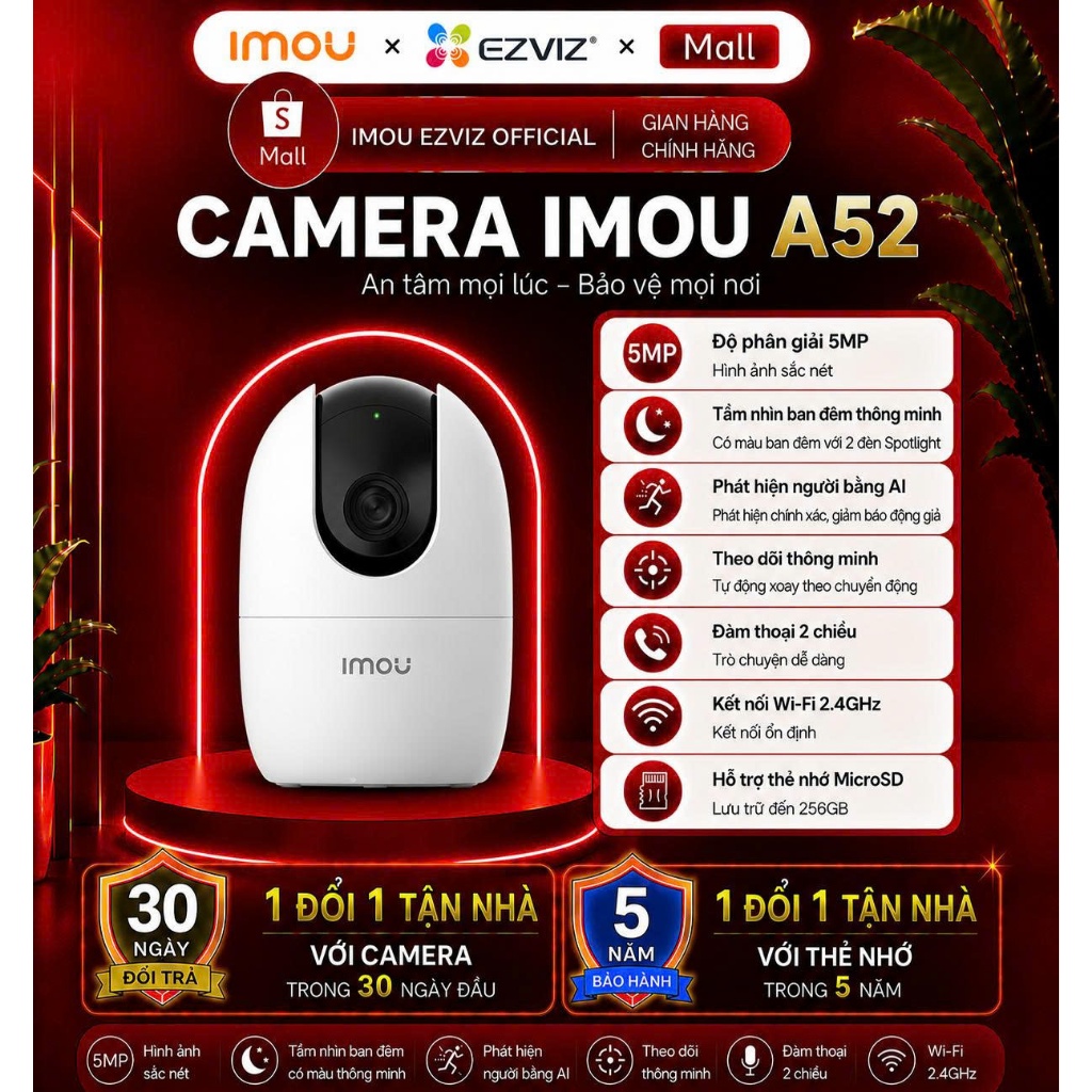 Camera  Imou A52, độ phân giải 3K-5MP điều khiển quay 360 độ kết hợp báo động còi hú