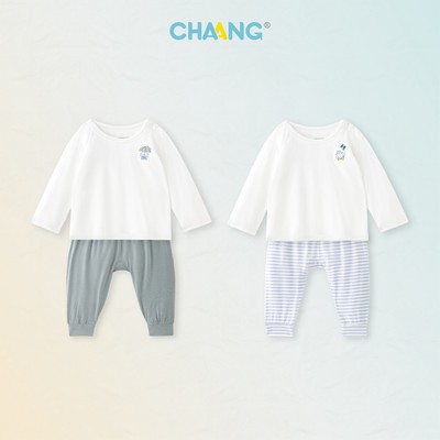 [CHAANG 9M-5Y] Bộ quần áo dài cúc vai tay phối Friend cho bé trai và bé gái