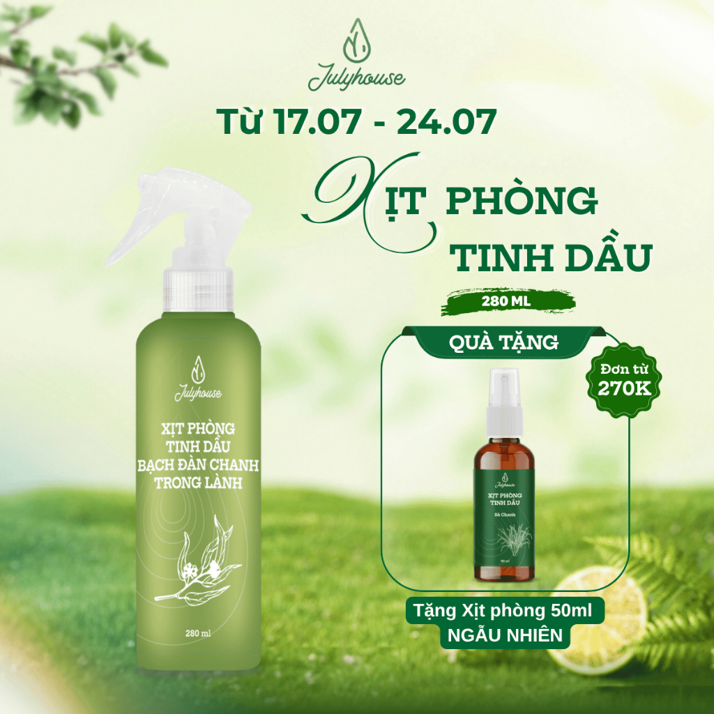 Xịt phòng Julyhouse 280ml chiết xuất từ tinh dầu Bạch đàn chanh hương thơm dịu nhẹ