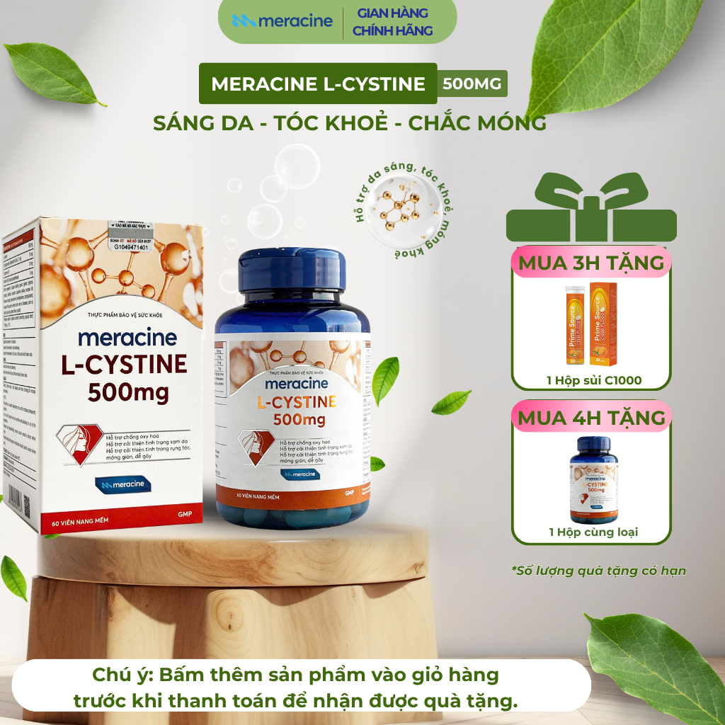 Viên Uống Meracine L-Cystine 500mg Giúp Sáng Da, hỗ trợ giảm nám, giảm mụn, rụng tóc, giảm gãy móng 
