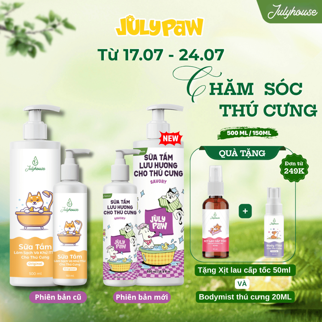 Sữa tắm cho chó mèo Julyhouse 150ml/500ml giúp khử mùi hôi và làm mượt lông, hương thơm dịu nhẹ