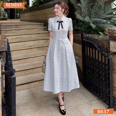 Đầm thiết kế BEMINE cổ sơ mi in hoạ tiết dáng dài phù hợp đi làm-B637