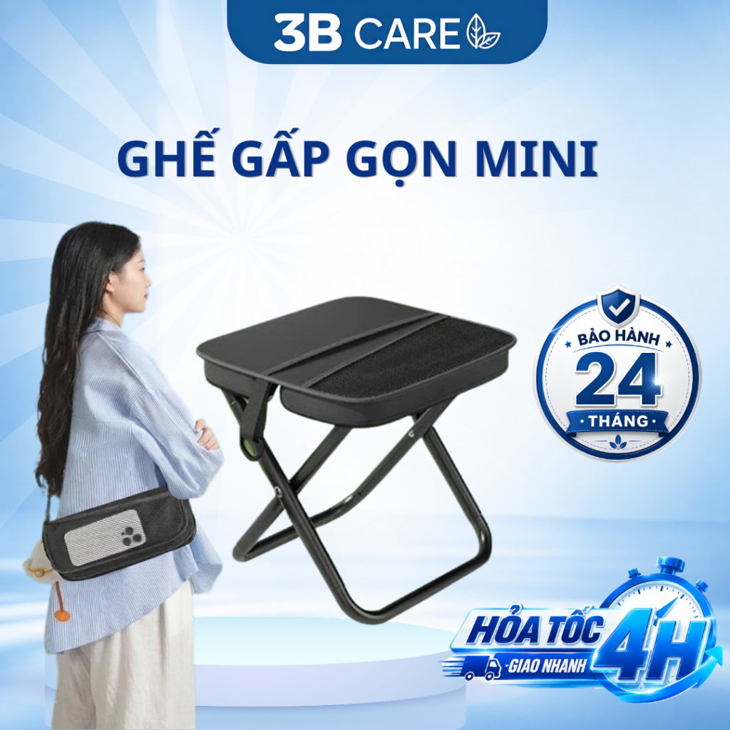 Ghế Gấp Gọn Đeo Chéo 3BCARE Cao Cấp - Thiết Kế 2 Trong 1 Tích Hợp Túi Đựng, Chịu Tải 120kg Tiện Lợi 