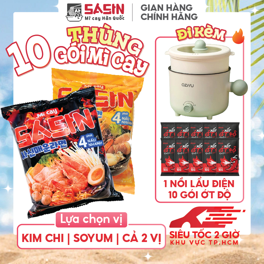 Mì Cay Sasin Thùng 10 gói + Nồi Điện Mini Ozhu (Chọn vị)