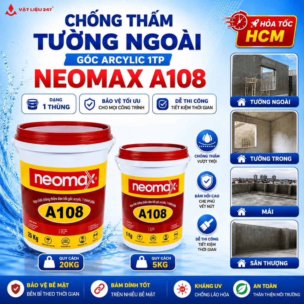 Sơn Chống Thấm Tường Gốc Acrylic 1TP Neomax A108 Co Giãn Chống Nứt Chống UV Dùng Ngay