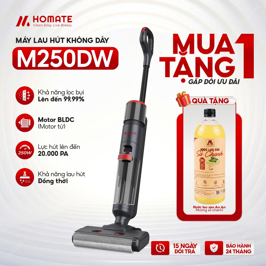 Tặng 1L Lau Sàn Sả Chanh + HOMATE M250DW Máy Lau Hút Không Dây, Lực Hút 20.000Pa, Tự Giặt Chổi