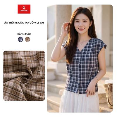 Áo kiểu nữ CARDINA chất liệu thô kẻ cộc tay cổ V ly vai 6AKS09