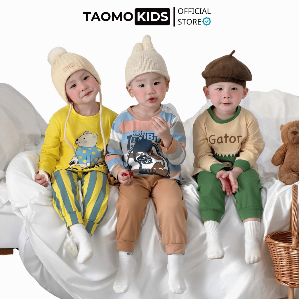 Bộ quần áo bé trai in khủng long, cá sấu, gấu, chất cotton mềm mịn F109 - Taomokids