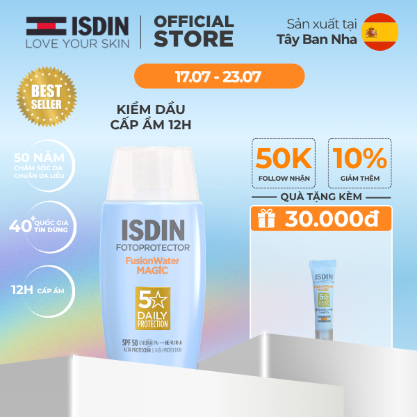 Kem chống nắng kiềm dầu không nhờn rít không nâng tông ISDIN Fotoprotector Fusion Water Magic SPF50 