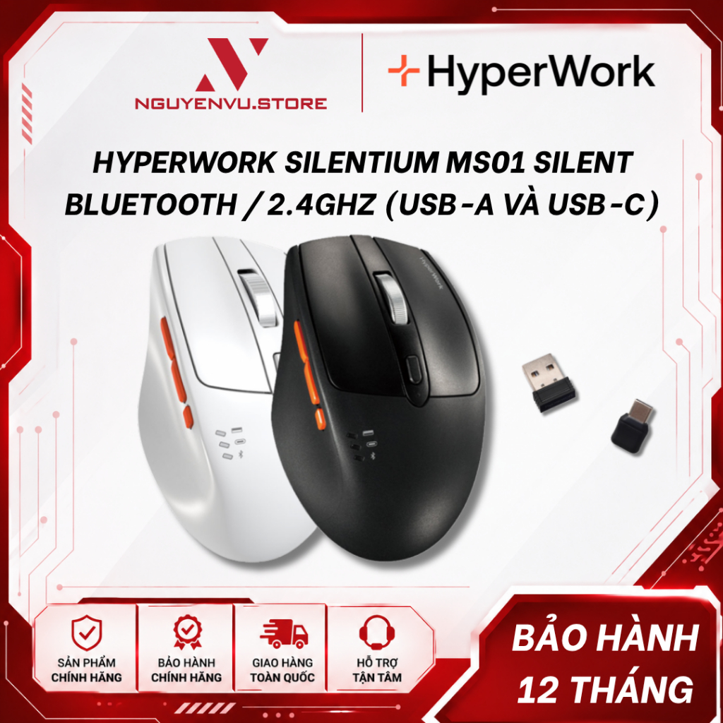 Chuột không dây HyperWork Silentium MS01 Silent - Bluetooth / 2.4Ghz (Gồm 2 đầu thu USB-A và USB-C) - Hàng chính hãng