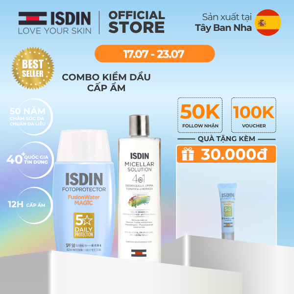 Bộ đôi kiềm dầu sạch sâu ISDIN - 1 x Fotoprotector Fusion Water Magic 50ml + 1 x Micellar Solution 4