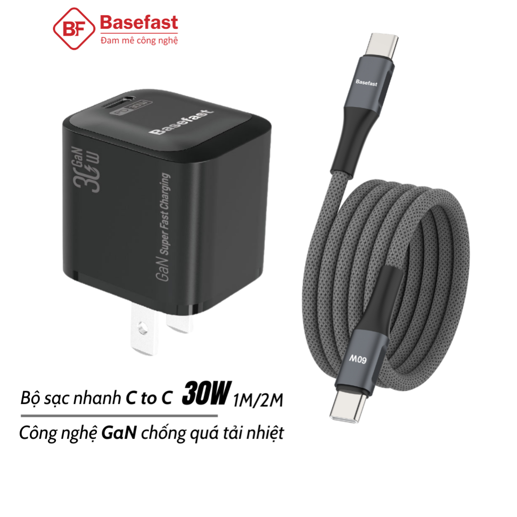 Bộ sạc nhanh TypeC 30W Basefast dây dù siêu bền dài 1m 2m cho Phone 15 16 17 oppo samsung xiaomi