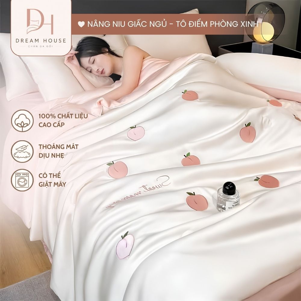 Bộ Chăn Ga Gối Lụa Tim Chăn Chần Hè Phi Lụa Mềm Mịn Thoáng Mát Bộ Ga Giường 4 Món 1M6X2M 1M8X2M 2M2X