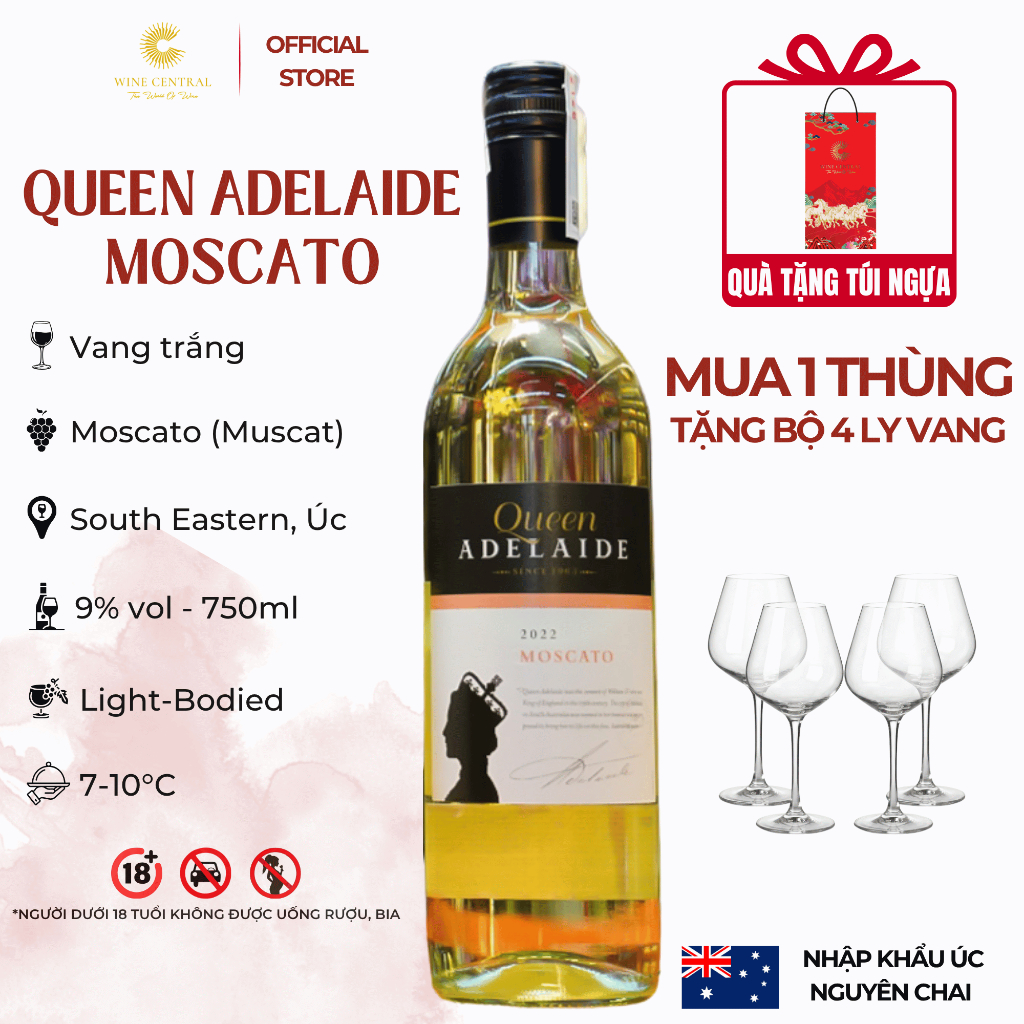 [Hỏa Tốc] - Rượu Vang Trắng Úc Queen Adelaide Moscato 750ml (9%) - Vang Nhập Khẩu Chính Hãng