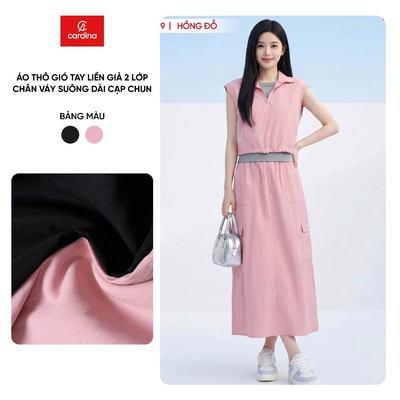 Đồ bộ nữ tách set CARDINA chất thô gió áo tay liền giả 2 lớp và váy dáng dài cạp chun túi ốp 6AKC20, 6CVS20