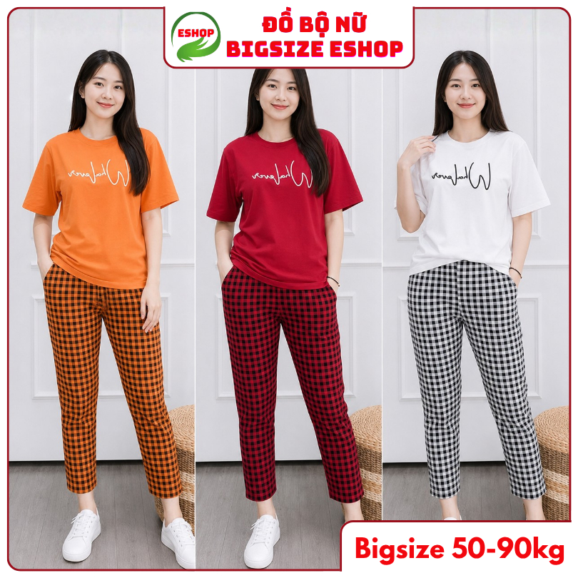 Đồ Bộ Nữ ESHOP Áo Tay Ngắn In Chữ Phối Quần Dài Caro Thun Cotton Co Giãn, Set Mặc Nhà Bigsize Mùa Hè