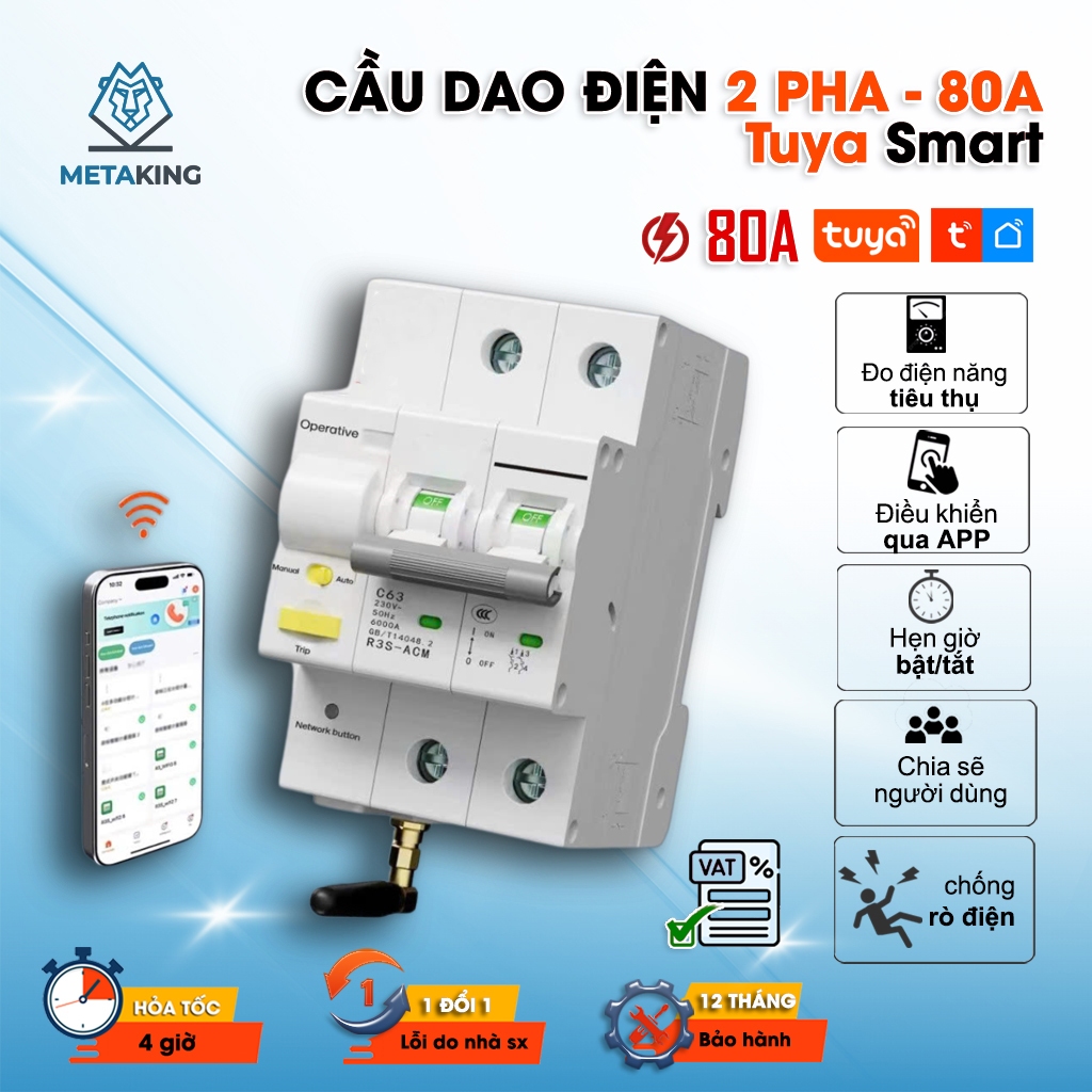 Aptomat Wifi, Cầu Dao Tổng Điều Khiển Qua Wifi, RS485 Tuya 80A, Đo Điện Năng, BH 12 tháng