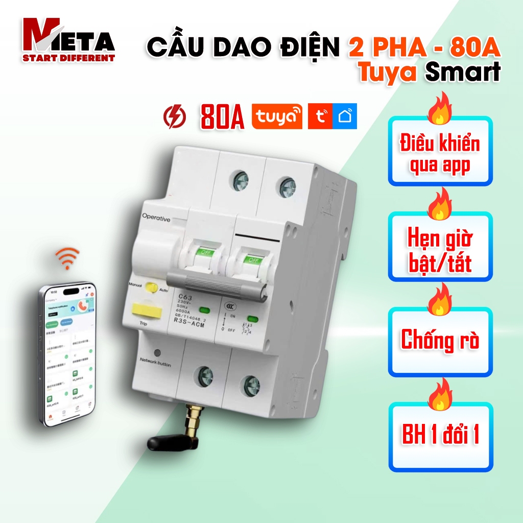 Aptomat Wifi, Cầu Dao Tổng Điều Khiển Qua Wifi, RS485 Tuya 80A, đo điện năng, BH 12 tháng