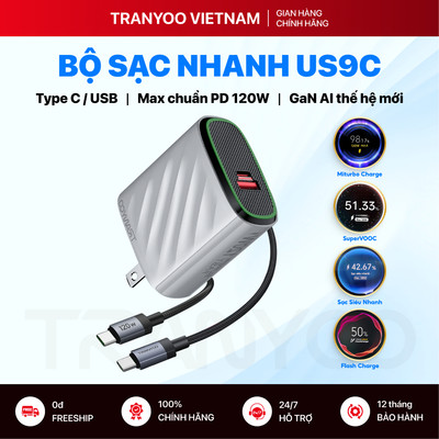 Bộ Sạc Nhanh TRANYOO US9C Dual Type C / USB Hỗ Trợ Sạc Nhanh PD 3.0 Công Nghệ GaN Công Suất Max 120W