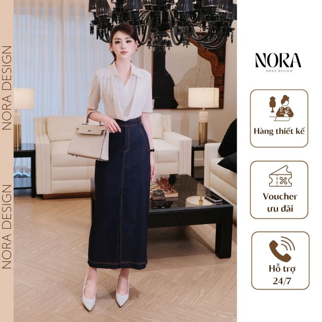 Set Váy Công Sở NORA, Áo Thun Cổ Đức Đổ Rủ Kèm Chân Váy Suông Dài Bò Lụa Cao Cấp S1116
