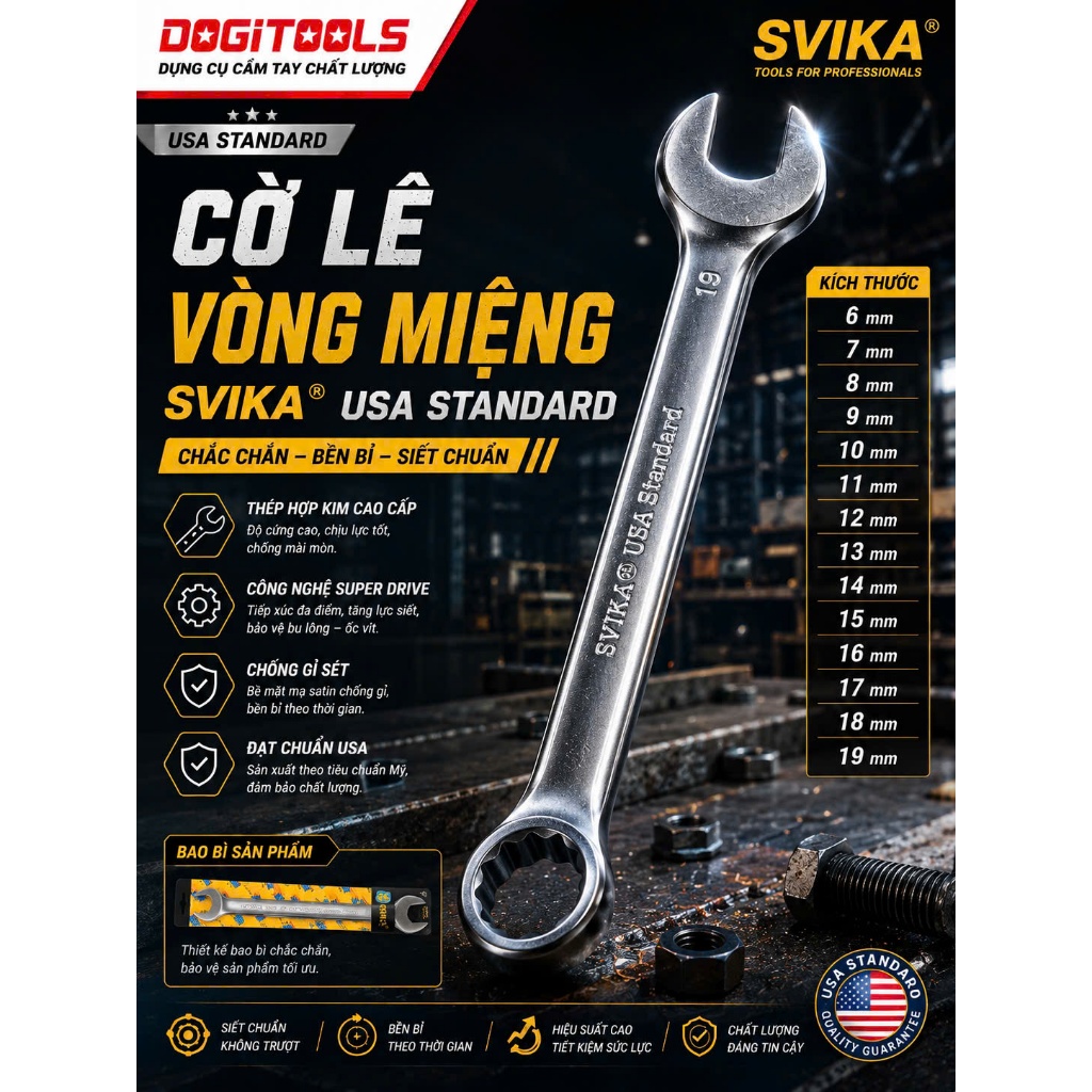 Cờ Lê Vòng Miệng SVIKA YETI PRO YETI NURIT Size 6-19mm, Dụng Cụ Tháo Siết Bu Lông