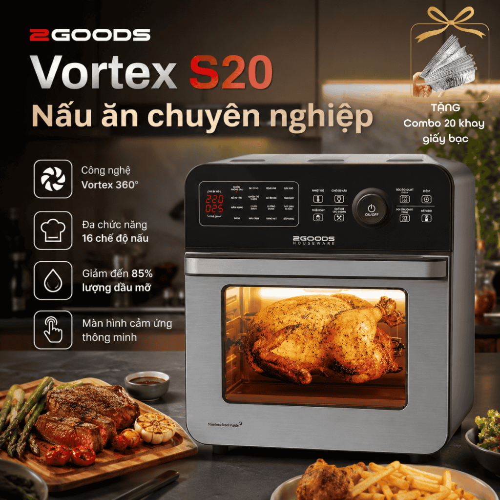 [Quà tặng] Nồi Chiên Không Dầu 2GOOD Vortex S20, 16 Chế Độ Nấu, Màn hình Led✔️Chính Hãng✔️Lỗi 1 Đổi 