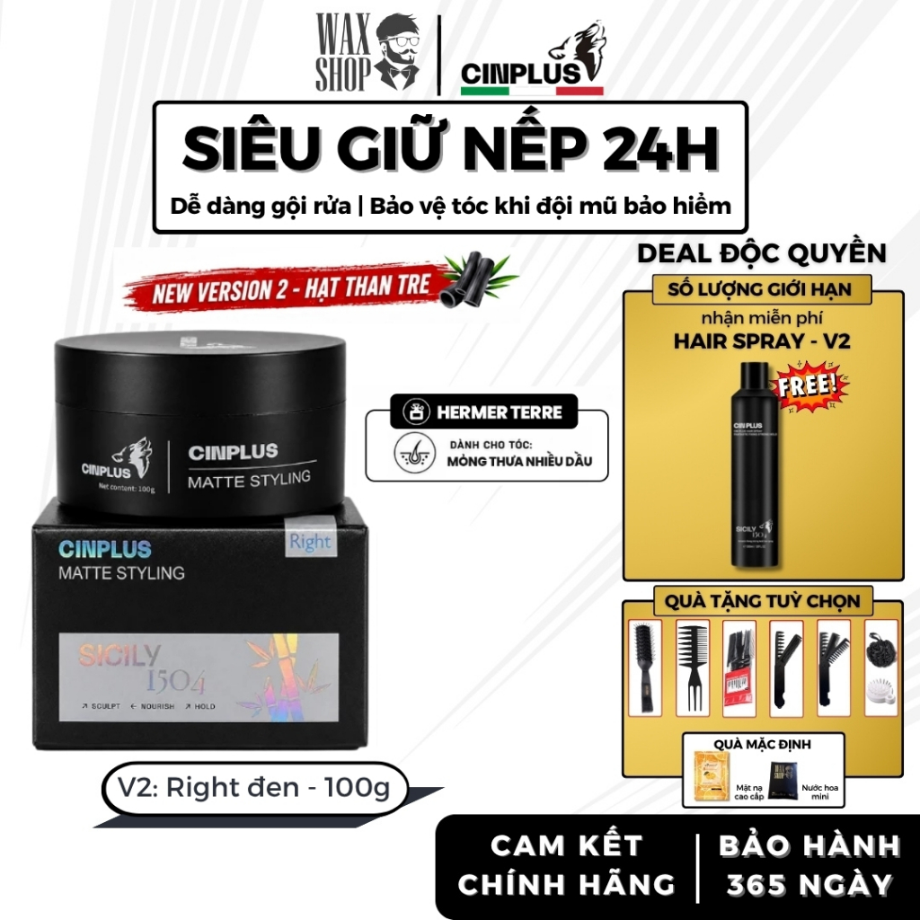 [DEAL ĐỘC QUYỀN] Sáp vuốt tóc nam CinPlus Right Đen Sicily 1504 100g chính hãng giữ nếp- Cinplus