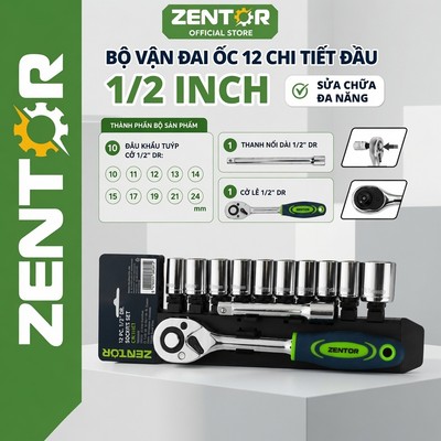 Bộ tuýp khẩu ZENTOR 12 chi tiết 1/2" mở bu lông đa năng sửa chữa thiết bị máy móc